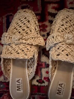 MIA Cream Crochet Slip-On Mules with Knot Detail